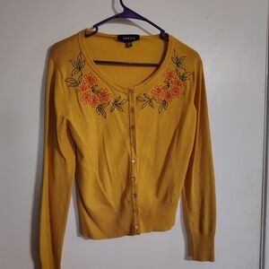 Unique Vintage Mustard Yellow Embroidered Button-Up Cardigan